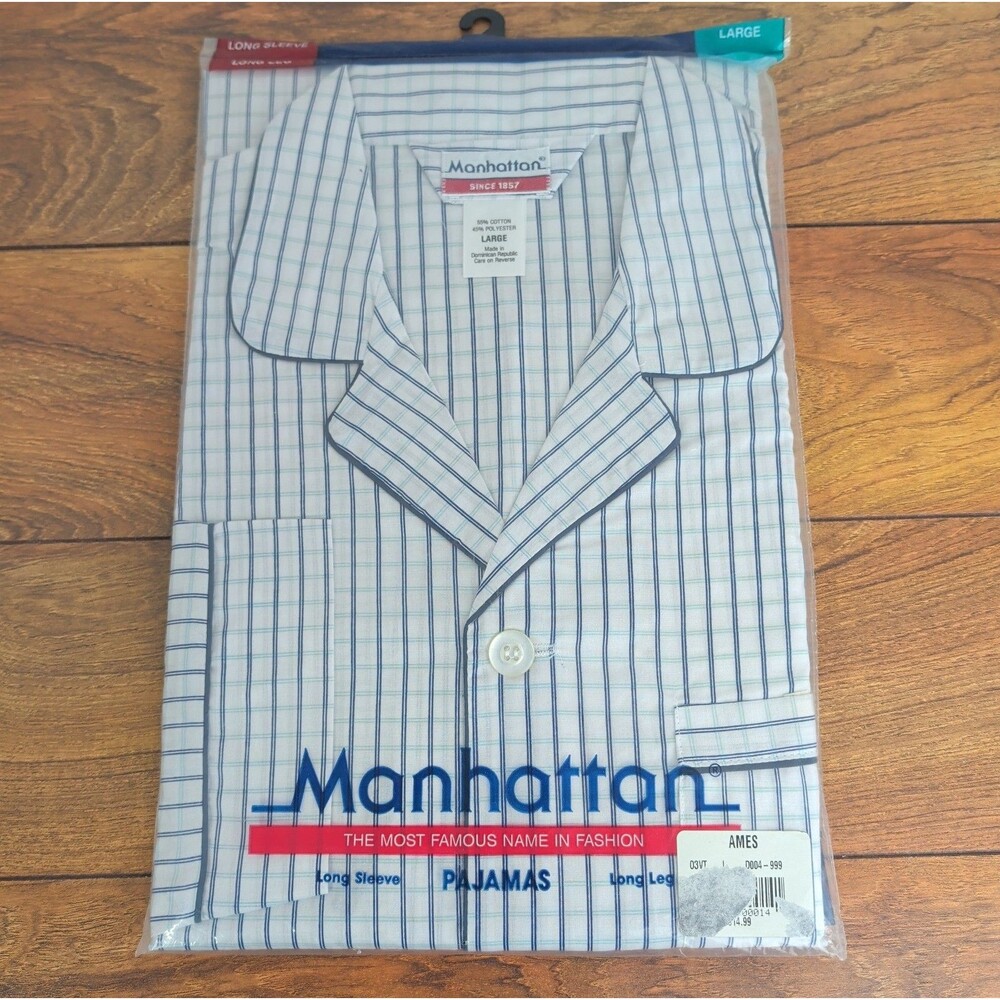 New Vintage Manhattan Men's White Blue Long Sleeve Stripe Pajamas Size Large